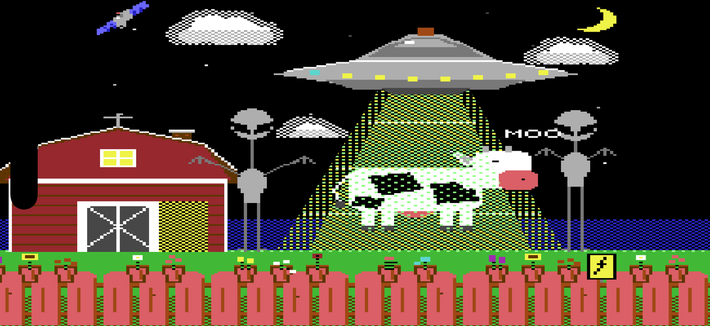 ABDCTN: a Commodore 64 style farm at night — a saucer beams a cow while two aliens, a barn, clouds and a fence keyboard are the synthesizer's controls