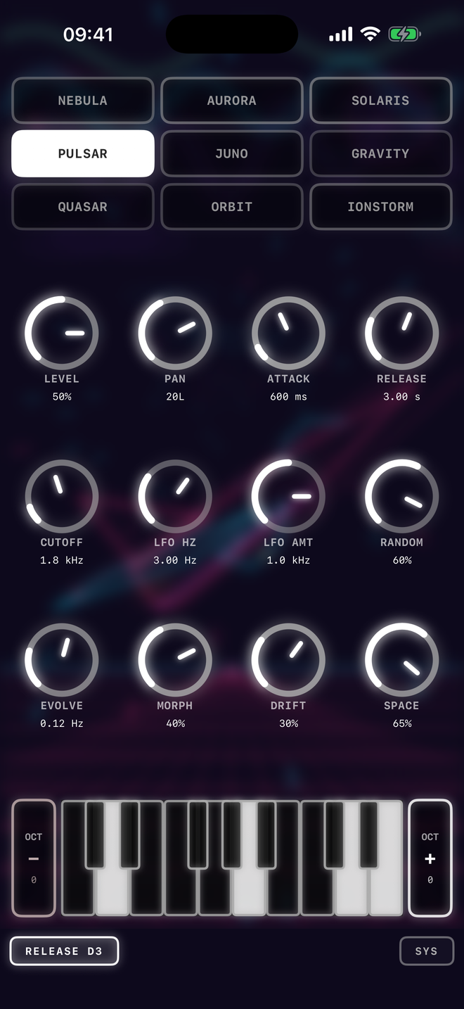 LaserWave playing: the 3x3 preset grid, twelve glowing dials and the
          keyboard with a chord latched, over the wireframe flight scene