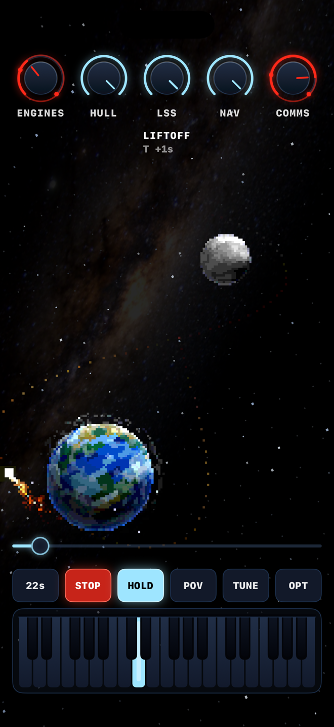 MNTRP at liftoff: five glowing ship-system knobs above a pixel-art
          Earth and Moon on the Milky Way, the craft firing off the Earth,
          mission slider, transport row and keyboard below