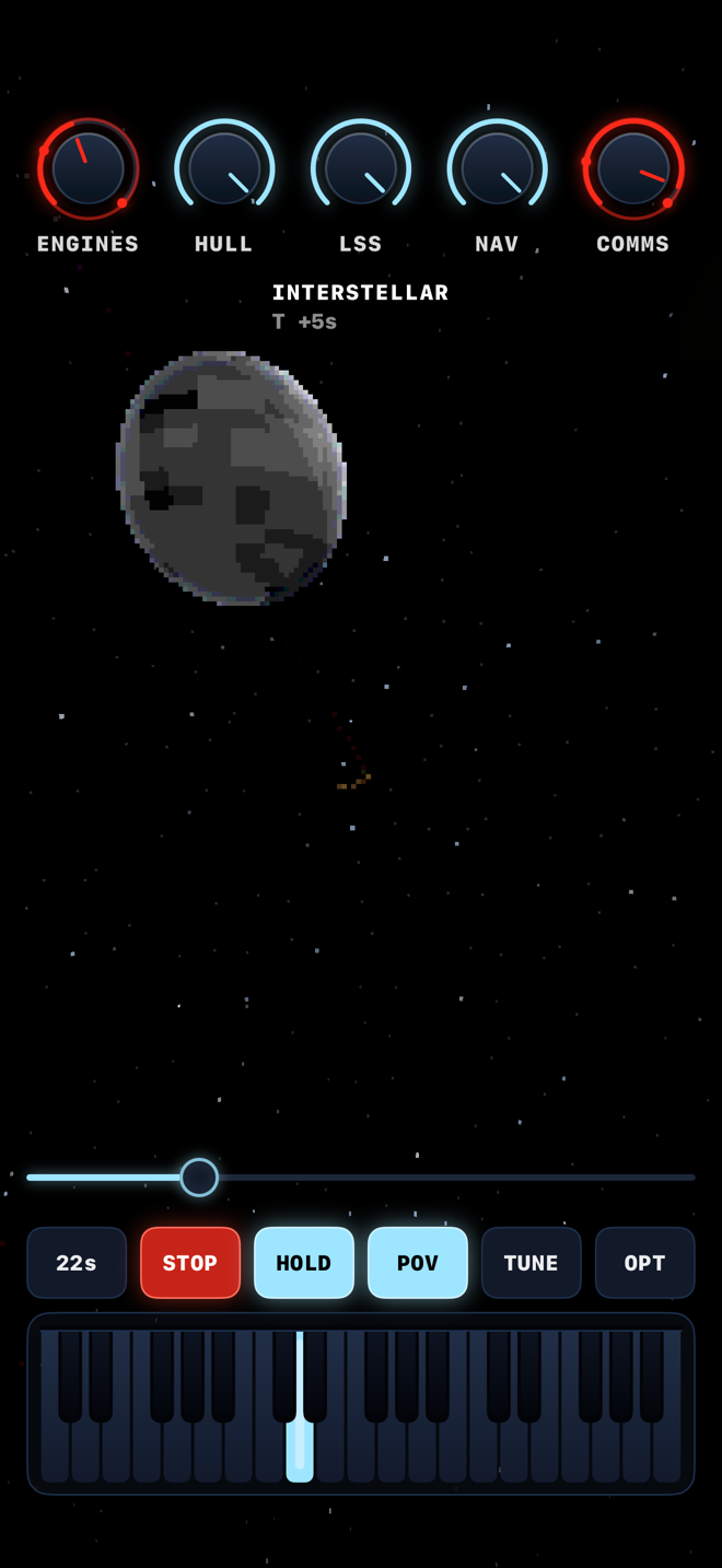 MNTRP in first-person view: the pixel-art Moon ahead, the
            exhaust trail below, deep field of stars