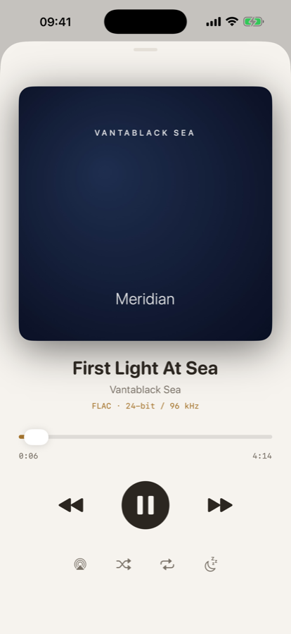 NCTRN playing a 24-bit / 96 kHz FLAC album, showing the cover,
          the quality badge and the transport controls