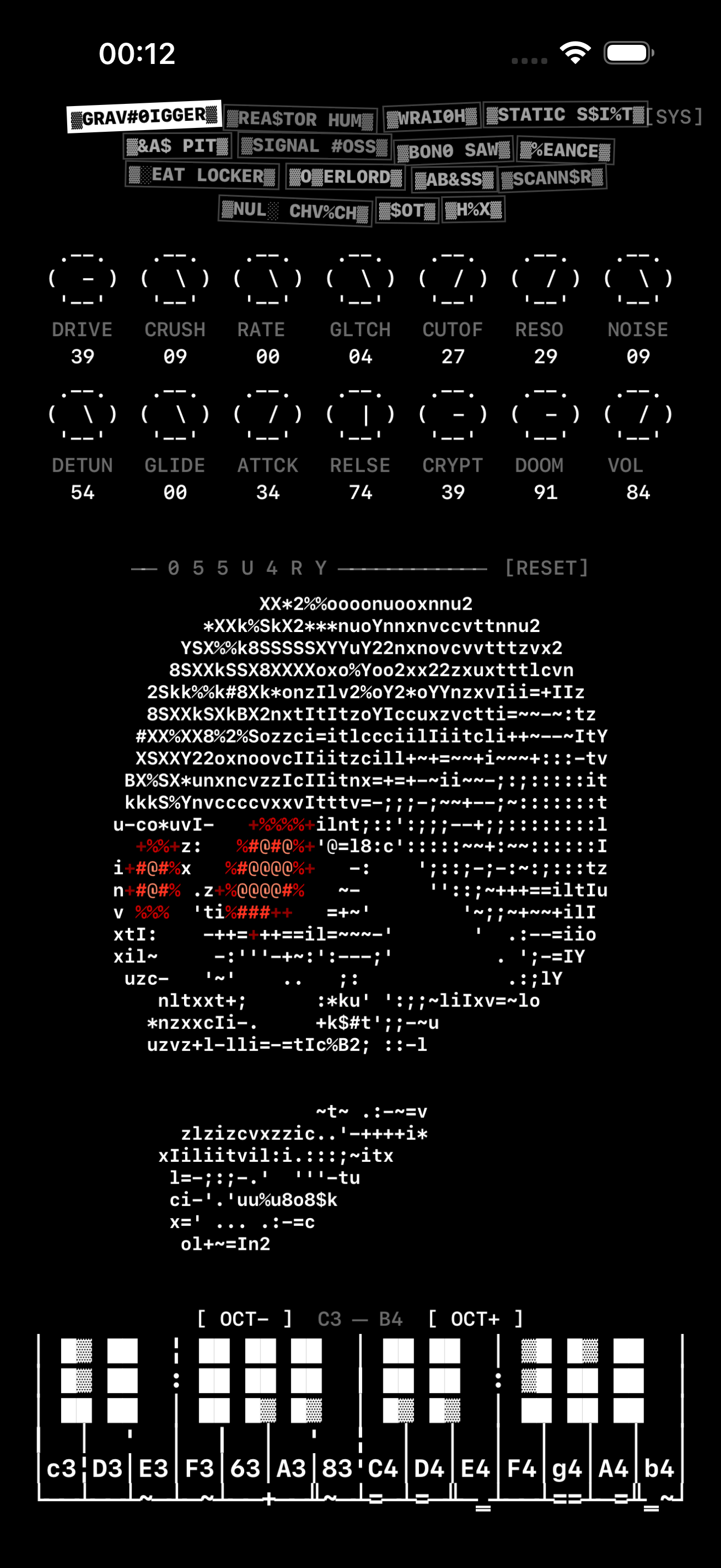 055U4RY playing: the ASCII skull with lit ember eyes and open jaw