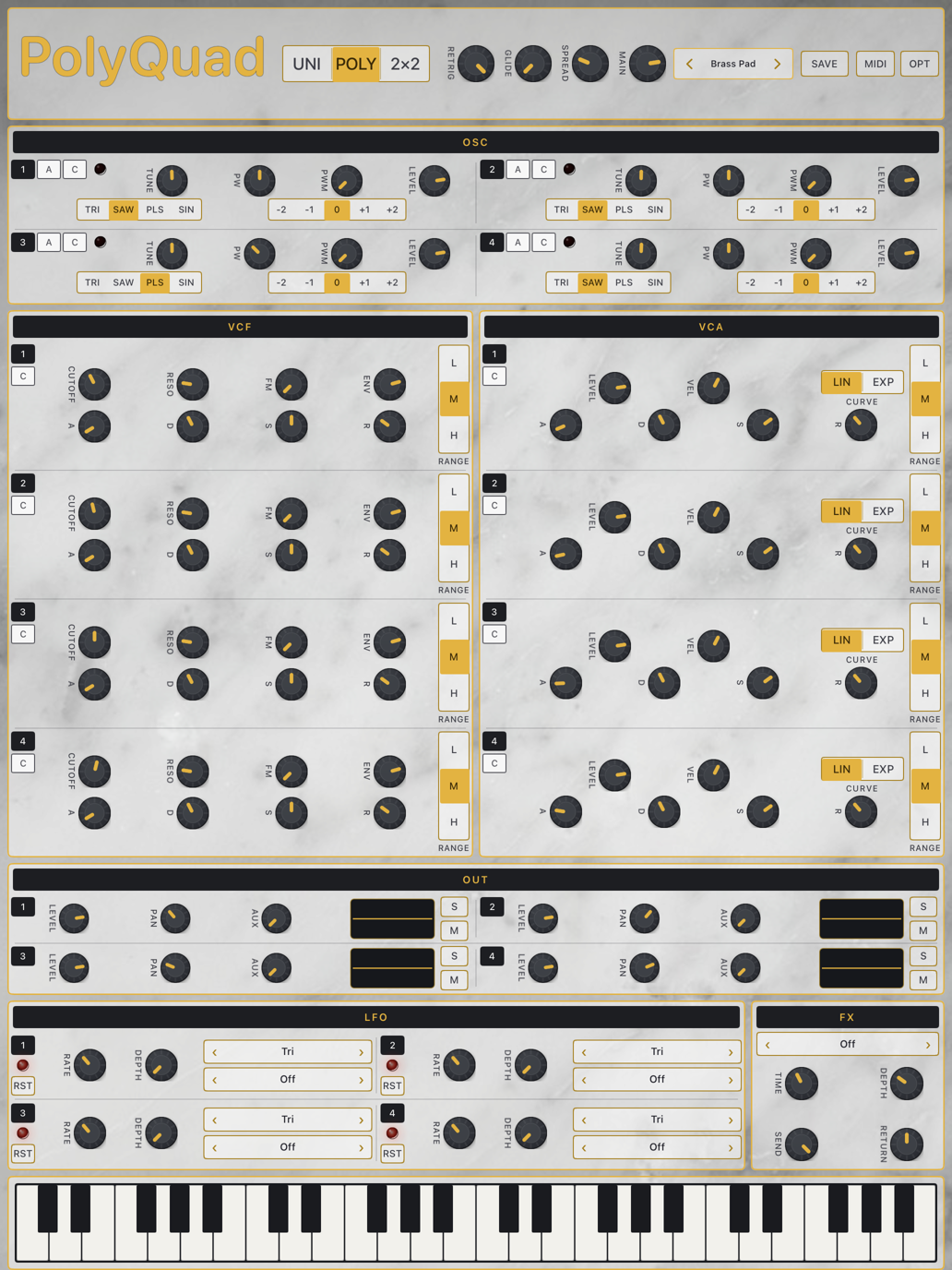 PolyQuad's panel: four complete voice channels — oscillator, filter, amplifier and output per channel