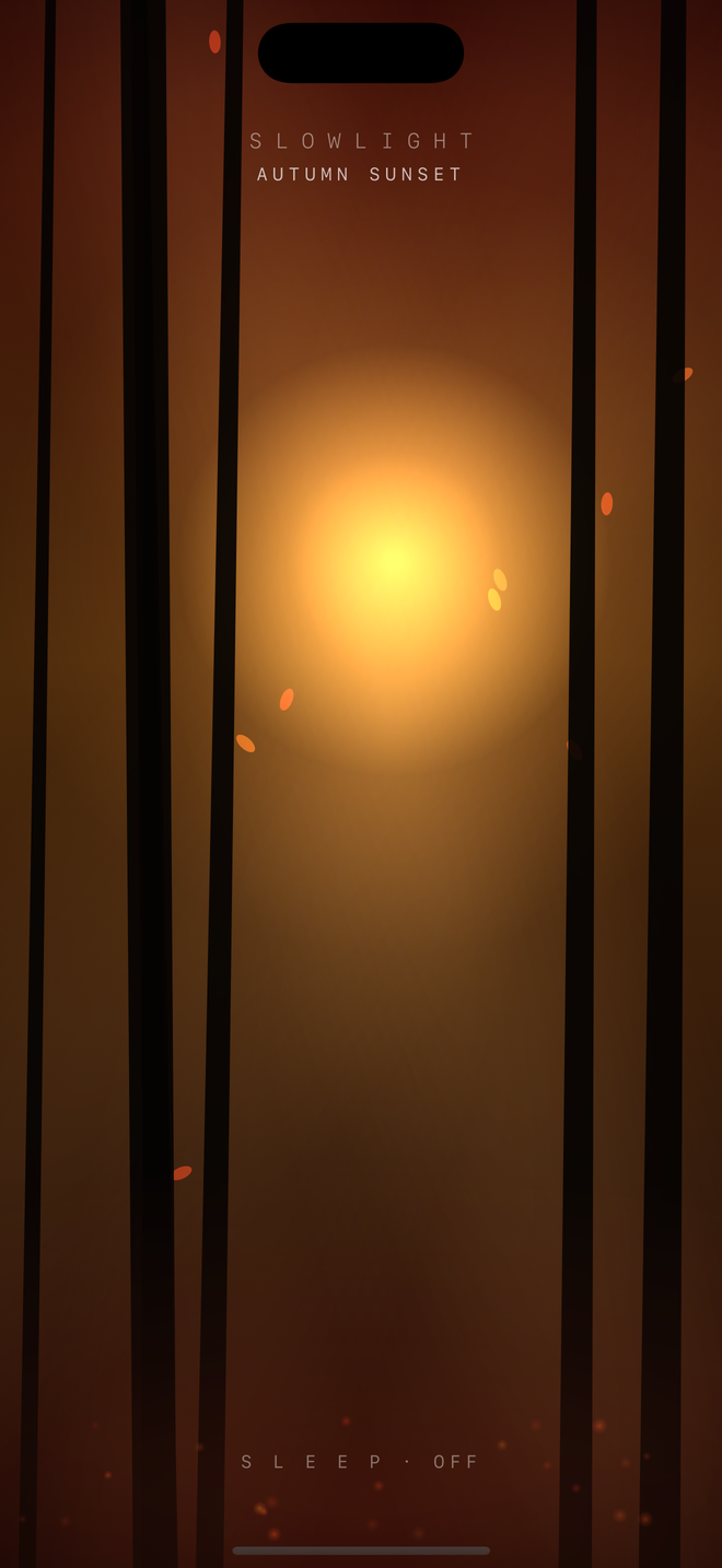 Slowlight playing Autumn Sunset: a warm sun glowing between dark
          tree trunks, drifting leaf-lights, the wordmark above and the
          sleep timer below